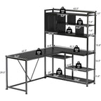 Scrivania ad angolo a L bianca/nera/marrone con luci LED e libreria, 1-3 utenti