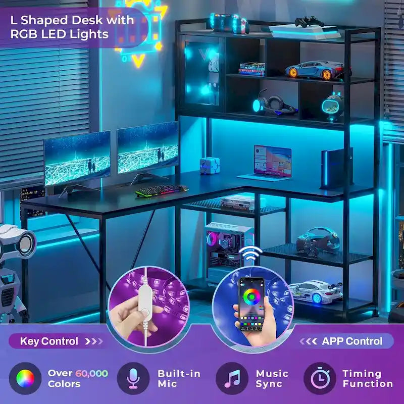 Scrivania ad angolo a L bianca/nera/marrone con luci LED e libreria, 1-3 utenti