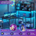 Scrivania ad angolo a L bianca/nera/marrone con luci LED e libreria, 1-3 utenti