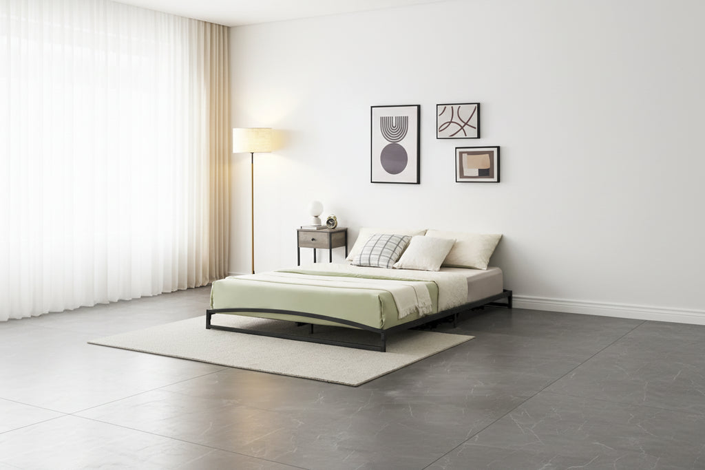 Telaio letto a piattaforma in metallo nero, testiera arcuata, profilo basso, Twin/Full/Queen/King