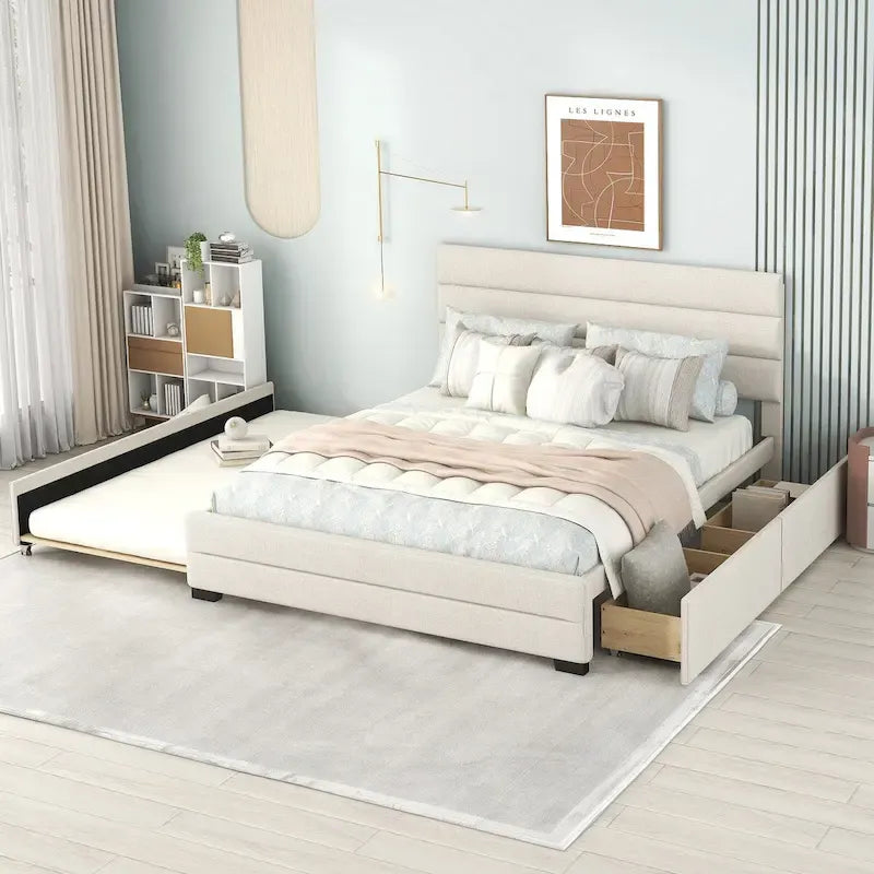 Letto a piattaforma queen size in lino beige/grigio con letto estraibile singolo e 2 cassetti portaoggetti, per 1-2 persone