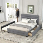 Letto a piattaforma queen size in lino beige/grigio con letto estraibile singolo e 2 cassetti portaoggetti, per 1-2 persone