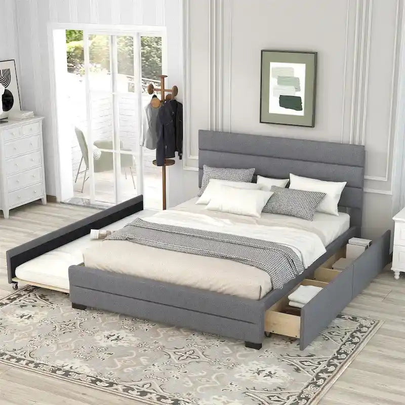 Letto a piattaforma queen size in lino beige/grigio con letto estraibile singolo e 2 cassetti portaoggetti, per 1-2 persone