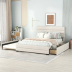 Letto a piattaforma queen size in lino beige/grigio con letto estraibile singolo e 2 cassetti portaoggetti, per 1-2 persone