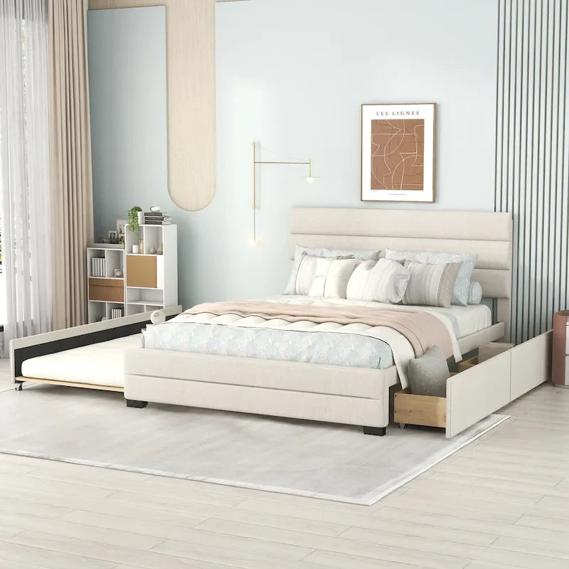 Letto a piattaforma queen size in lino beige/grigio con letto estraibile singolo e 2 cassetti portaoggetti, per 1-2 persone