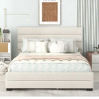 Letto a piattaforma queen size in lino beige/grigio con letto estraibile singolo e 2 cassetti portaoggetti, per 1-2 persone