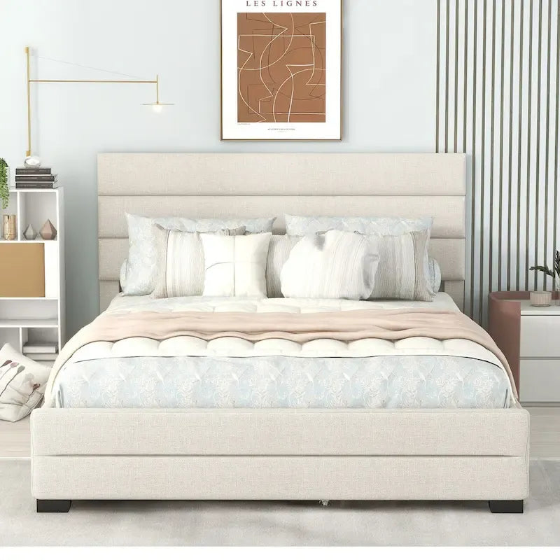 Letto a piattaforma queen size in lino beige/grigio con letto estraibile singolo e 2 cassetti portaoggetti, per 1-2 persone