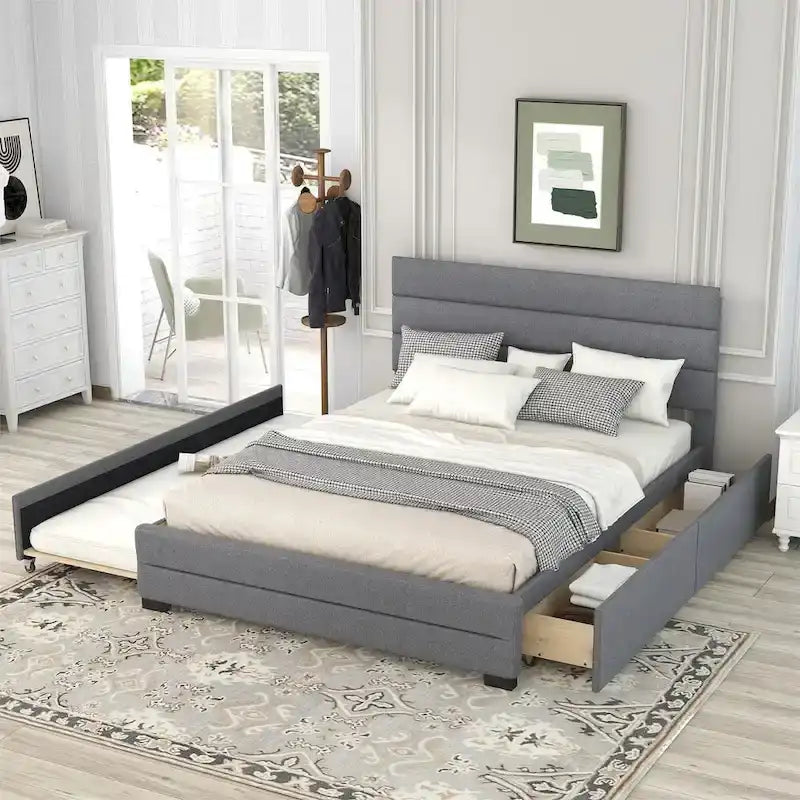 Letto a piattaforma queen size in lino beige/grigio con letto estraibile singolo e 2 cassetti portaoggetti, per 1-2 persone