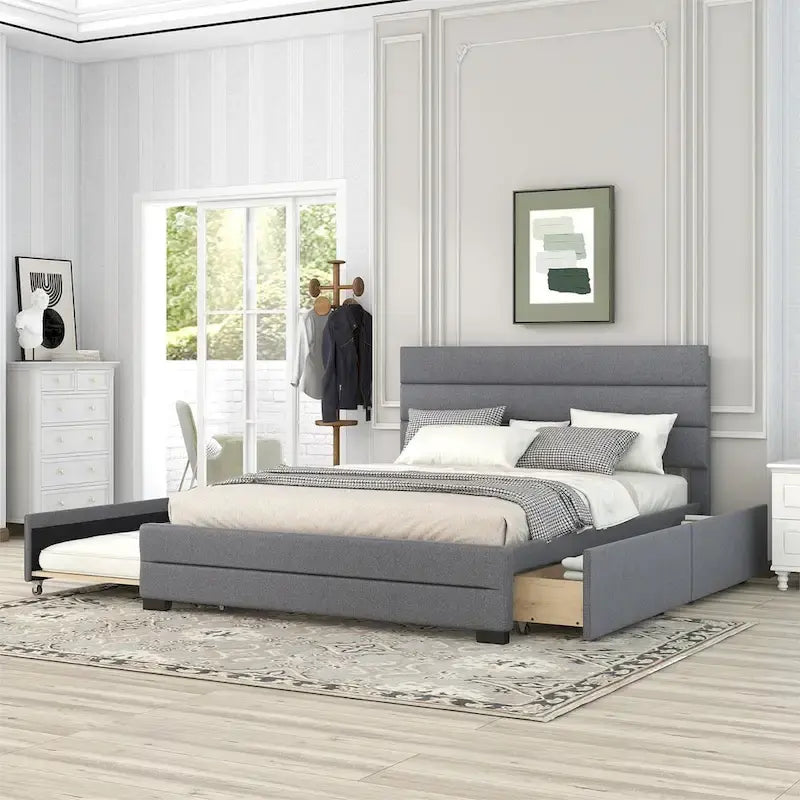 Letto a piattaforma queen size in lino beige/grigio con letto estraibile singolo e 2 cassetti portaoggetti, per 1-2 persone
