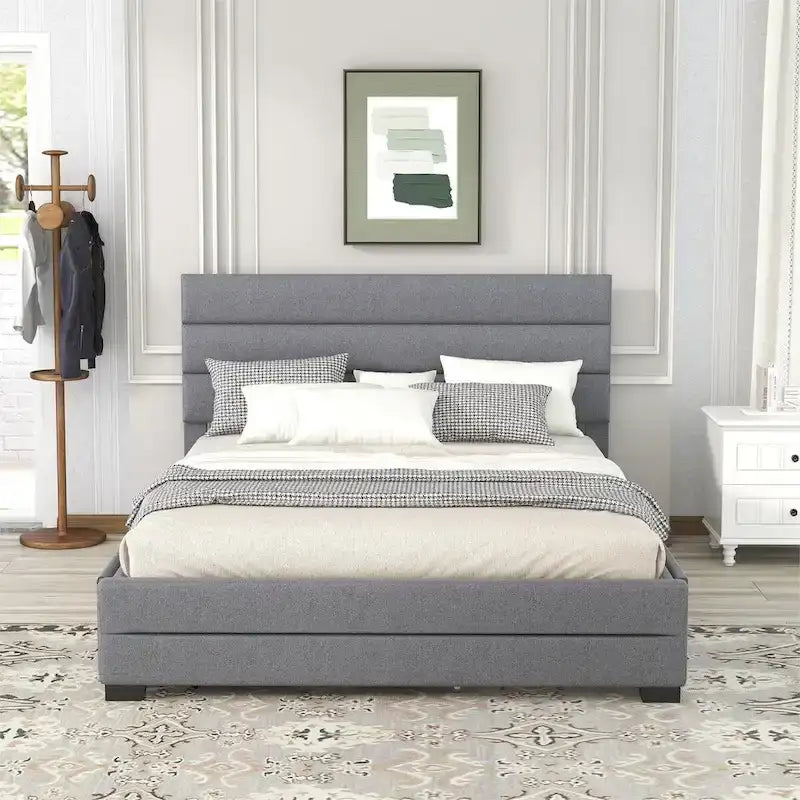 Letto a piattaforma queen size in lino beige/grigio con letto estraibile singolo e 2 cassetti portaoggetti, per 1-2 persone