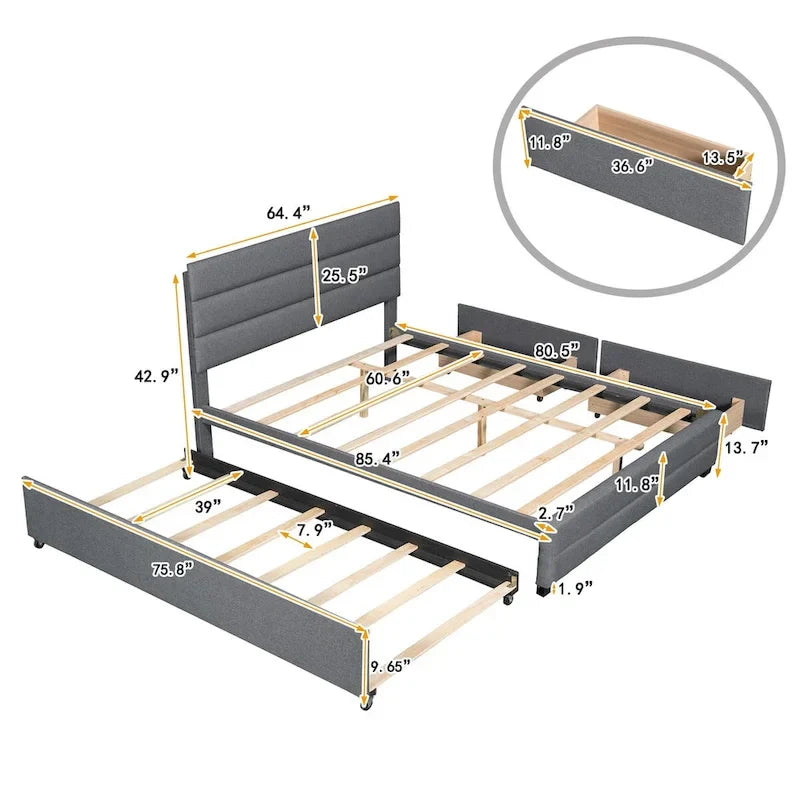 Letto a piattaforma queen size in lino beige/grigio con letto estraibile singolo e 2 cassetti portaoggetti, per 1-2 persone