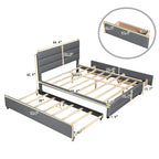 Letto a piattaforma queen size in lino beige/grigio con letto estraibile singolo e 2 cassetti portaoggetti, per 1-2 persone