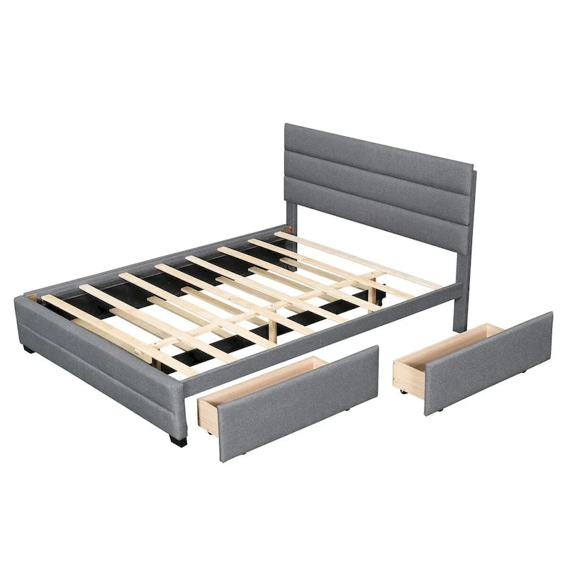 Letto a piattaforma queen size in lino beige/grigio con letto estraibile singolo e 2 cassetti portaoggetti, per 1-2 persone