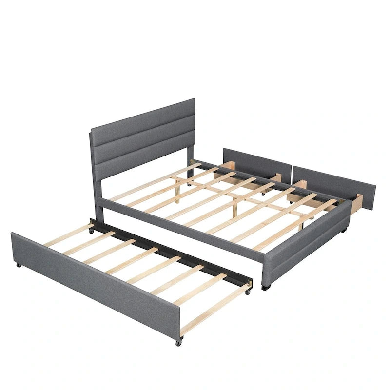 Letto a piattaforma queen size in lino beige/grigio con letto estraibile singolo e 2 cassetti portaoggetti, per 1-2 persone