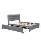 Letto a piattaforma queen size in lino beige/grigio con letto estraibile singolo e 2 cassetti portaoggetti, per 1-2 persone