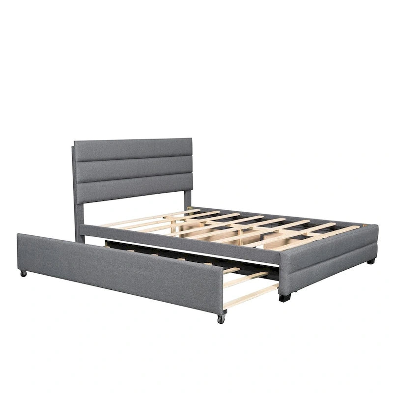 Letto a piattaforma queen size in lino beige/grigio con letto estraibile singolo e 2 cassetti portaoggetti, per 1-2 persone