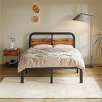 Bed Frame 14 Inch Rustic Wood Headboard, Heavy Duty Steel Slats Support, No Box Spring Needed