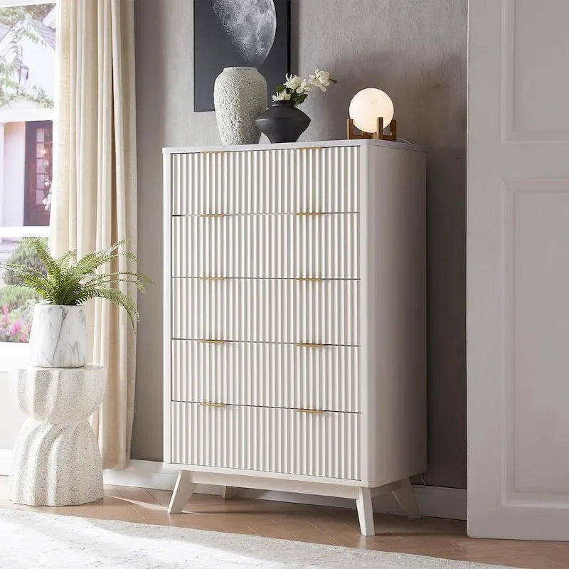 Cassettiera scanalata a 5 cassetti Grigio Scuro / Bianco / Rovere Naturale / Noce Scuro con piano effetto marmo, Singola
