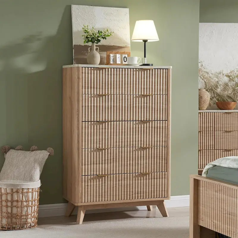 Cassettiera scanalata a 5 cassetti Grigio Scuro / Bianco / Rovere Naturale / Noce Scuro con piano effetto marmo, Singola