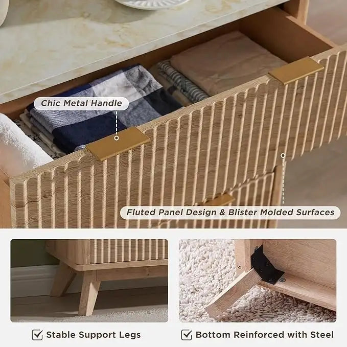 Cassettiera scanalata a 5 cassetti Grigio Scuro / Bianco / Rovere Naturale / Noce Scuro con piano effetto marmo, Singola