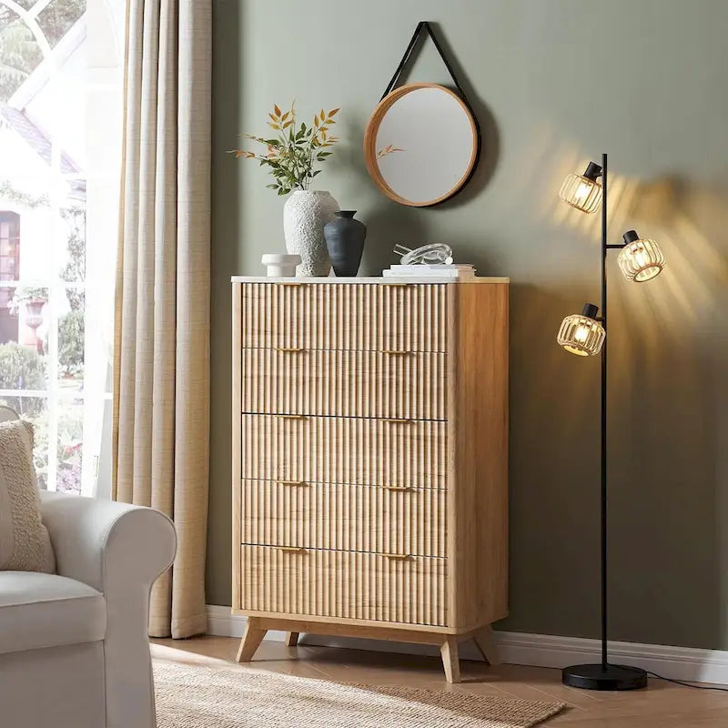 Cassettiera scanalata a 5 cassetti Grigio Scuro / Bianco / Rovere Naturale / Noce Scuro con piano effetto marmo, Singola