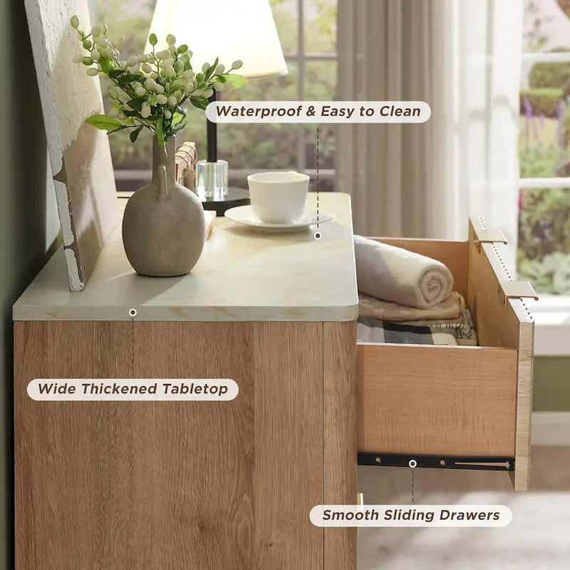 Cassettiera scanalata a 5 cassetti Grigio Scuro / Bianco / Rovere Naturale / Noce Scuro con piano effetto marmo, Singola