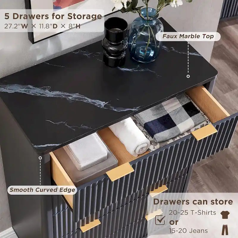 Cassettiera scanalata a 5 cassetti Grigio Scuro / Bianco / Rovere Naturale / Noce Scuro con piano effetto marmo, Singola