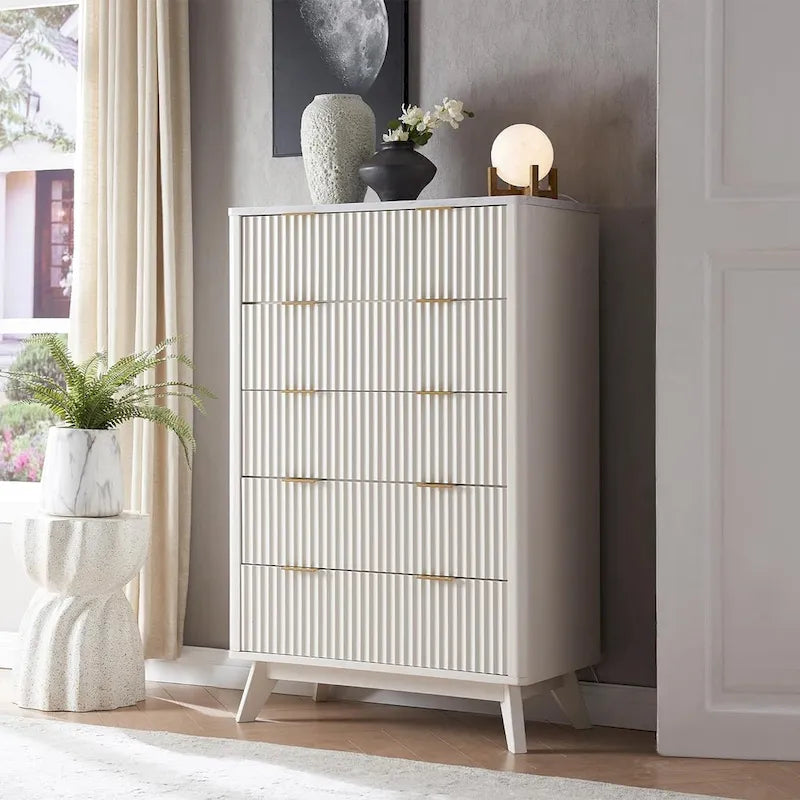 Cassettiera scanalata a 5 cassetti Grigio Scuro / Bianco / Rovere Naturale / Noce Scuro con piano effetto marmo, Singola