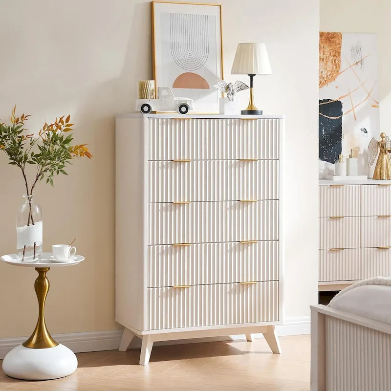 Cassettiera scanalata a 5 cassetti Grigio Scuro / Bianco / Rovere Naturale / Noce Scuro con piano effetto marmo, Singola