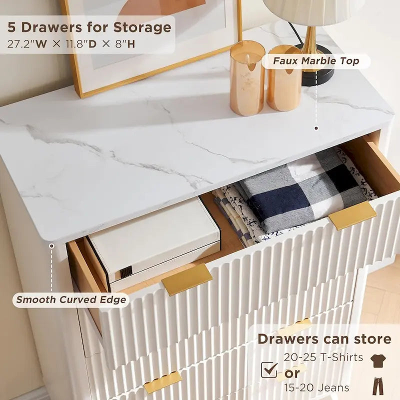 Cassettiera scanalata a 5 cassetti Grigio Scuro / Bianco / Rovere Naturale / Noce Scuro con piano effetto marmo, Singola