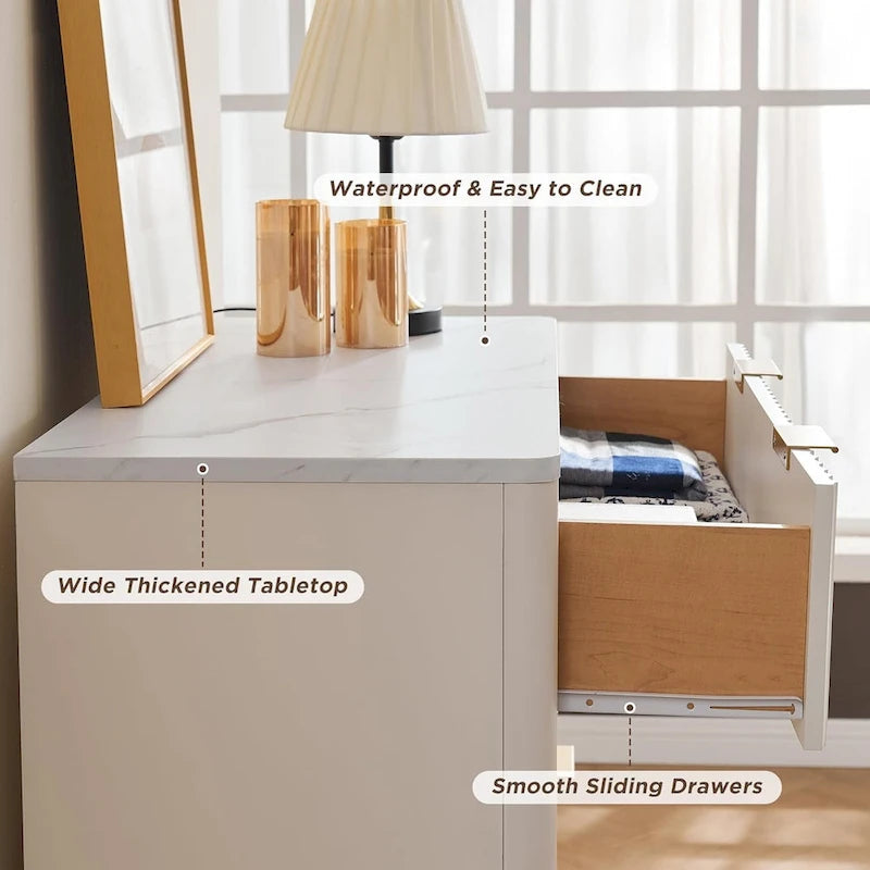 Cassettiera scanalata a 5 cassetti Grigio Scuro / Bianco / Rovere Naturale / Noce Scuro con piano effetto marmo, Singola