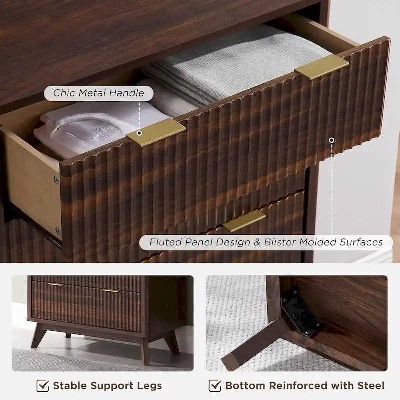 Cassettiera scanalata a 5 cassetti Grigio Scuro / Bianco / Rovere Naturale / Noce Scuro con piano effetto marmo, Singola