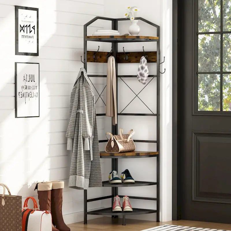 Appendiabiti ad angolo rustico marrone, stile 4-in-1 con 6 ganci doppi, angolo singolo