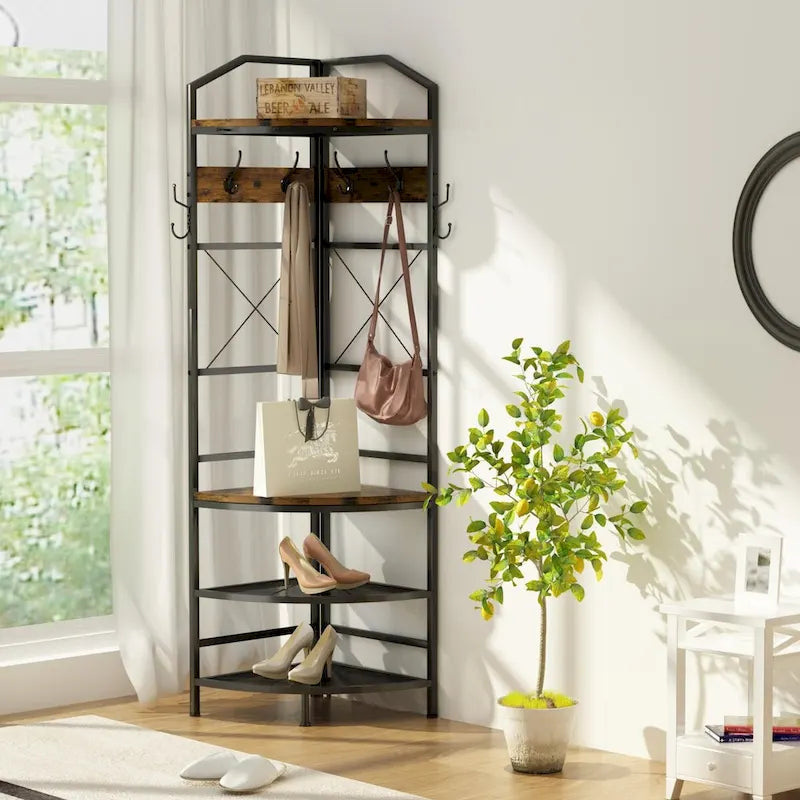 Appendiabiti ad angolo rustico marrone, stile 4-in-1 con 6 ganci doppi, angolo singolo