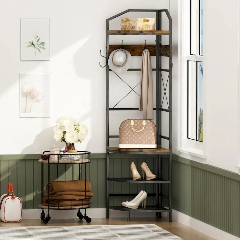 Appendiabiti ad angolo rustico marrone, stile 4-in-1 con 6 ganci doppi, angolo singolo