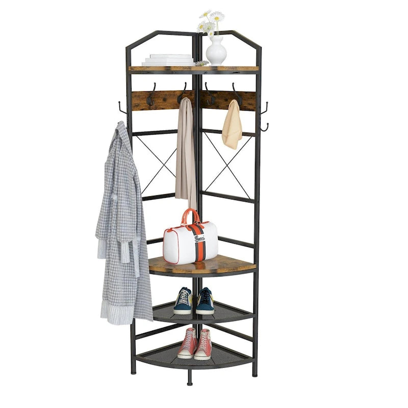 Appendiabiti ad angolo rustico marrone, stile 4-in-1 con 6 ganci doppi, angolo singolo
