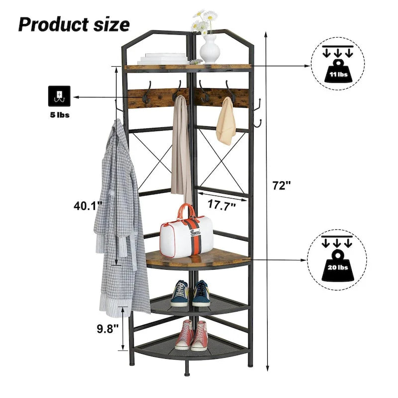Appendiabiti ad angolo rustico marrone, stile 4-in-1 con 6 ganci doppi, angolo singolo