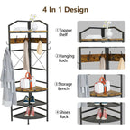 Appendiabiti ad angolo rustico marrone, stile 4-in-1 con 6 ganci doppi, angolo singolo