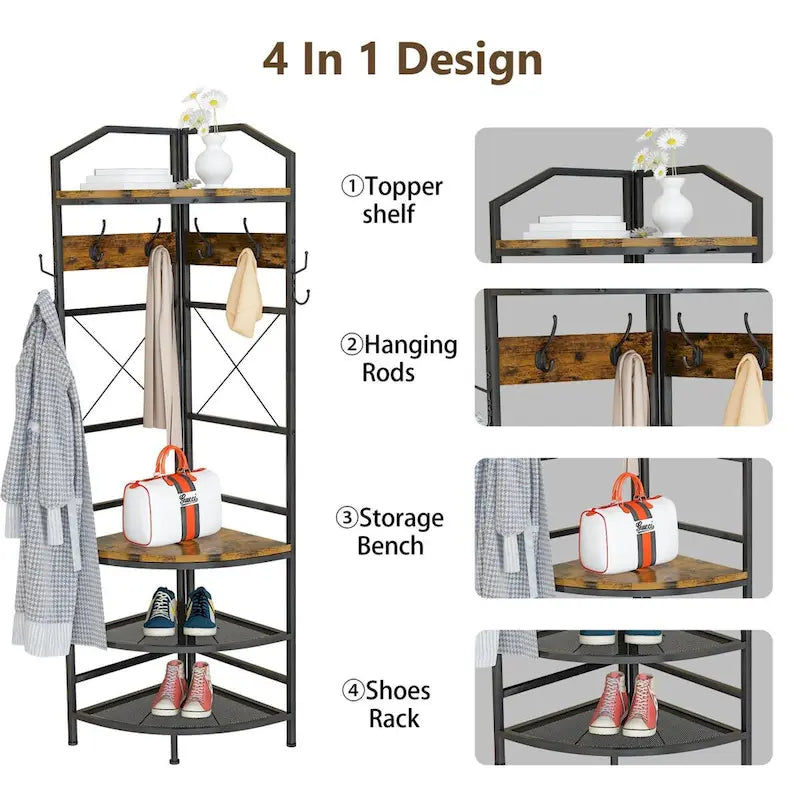Appendiabiti ad angolo rustico marrone, stile 4-in-1 con 6 ganci doppi, angolo singolo