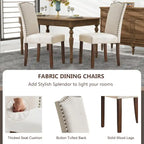 Sedie da pranzo in tessuto di lino beige con schienale borchiato, gambe in legno massello - Set da 2
