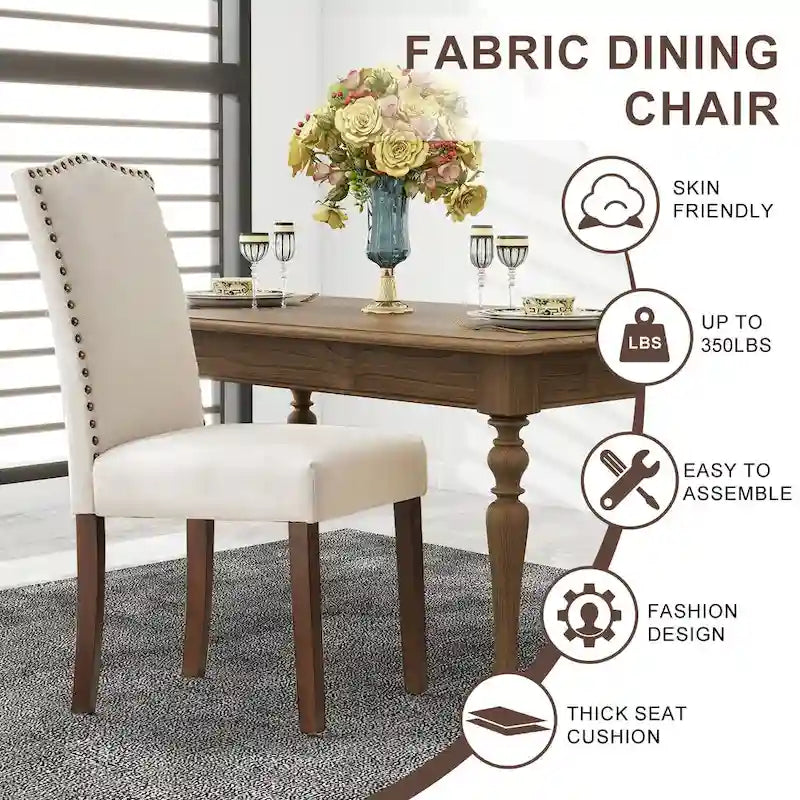 Sedie da pranzo in tessuto di lino beige con schienale borchiato, gambe in legno massello - Set da 2
