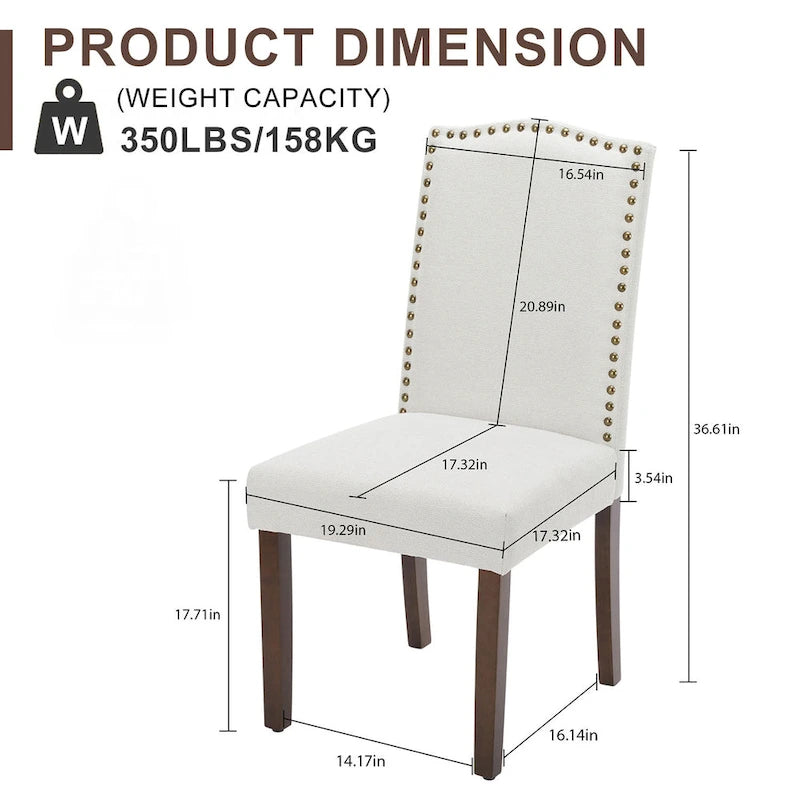 Sedie da pranzo in tessuto di lino beige con schienale borchiato, gambe in legno massello - Set da 2