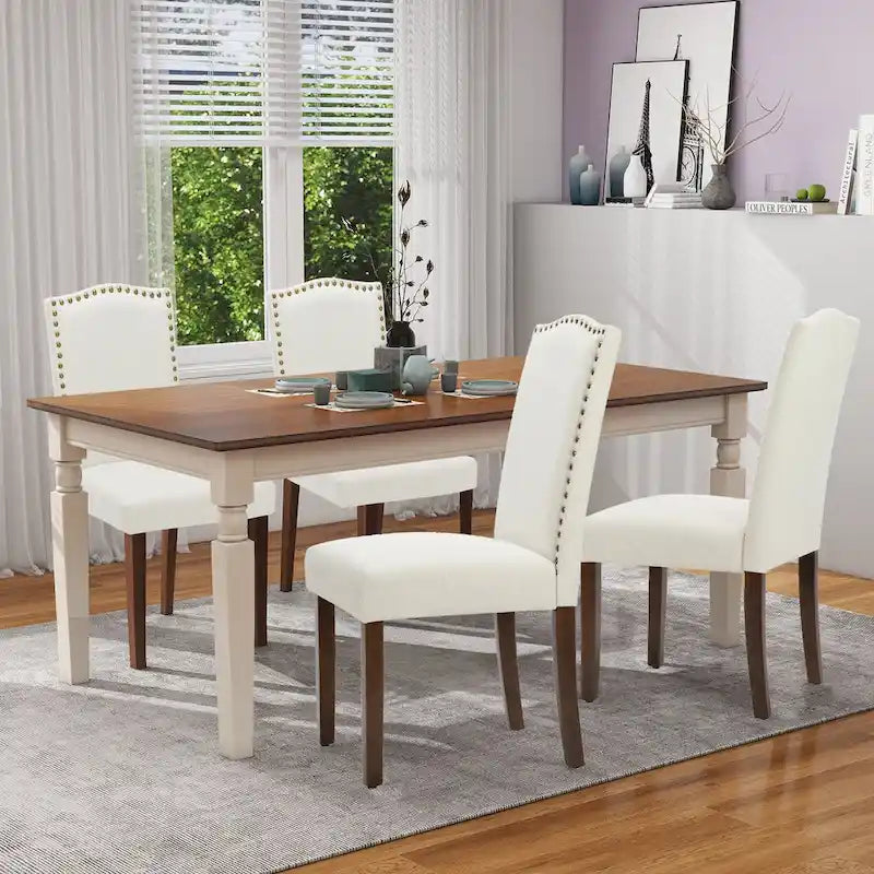 Sedie da pranzo in tessuto di lino beige con schienale borchiato, gambe in legno massello - Set da 2