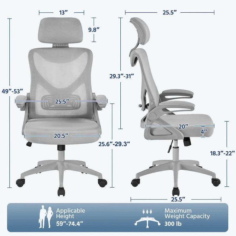 Sedia da ufficio a rete con schienale alto e braccioli ribaltabili, 1 persona – Nera / Grigio bianco / Nero bianco / Grigio pieno