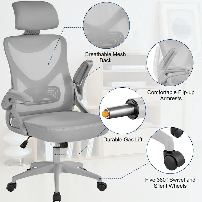 Sedia da ufficio a rete con schienale alto e braccioli ribaltabili, 1 persona – Nera / Grigio bianco / Nero bianco / Grigio pieno