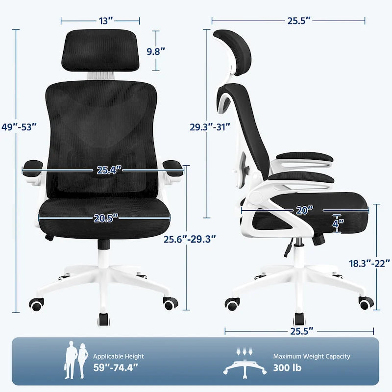 Sedia da ufficio a rete con schienale alto e braccioli ribaltabili, 1 persona – Nera / Grigio bianco / Nero bianco / Grigio pieno