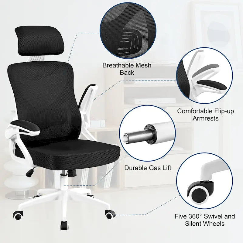 Sedia da ufficio a rete con schienale alto e braccioli ribaltabili, 1 persona – Nera / Grigio bianco / Nero bianco / Grigio pieno