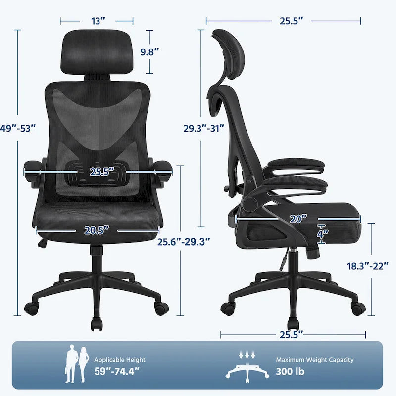 Sedia da ufficio a rete con schienale alto e braccioli ribaltabili, 1 persona – Nera / Grigio bianco / Nero bianco / Grigio pieno