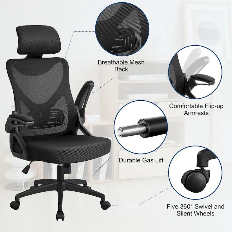 Sedia da ufficio a rete con schienale alto e braccioli ribaltabili, 1 persona – Nera / Grigio bianco / Nero bianco / Grigio pieno