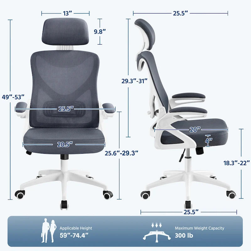 Sedia da ufficio a rete con schienale alto e braccioli ribaltabili, 1 persona – Nera / Grigio bianco / Nero bianco / Grigio pieno